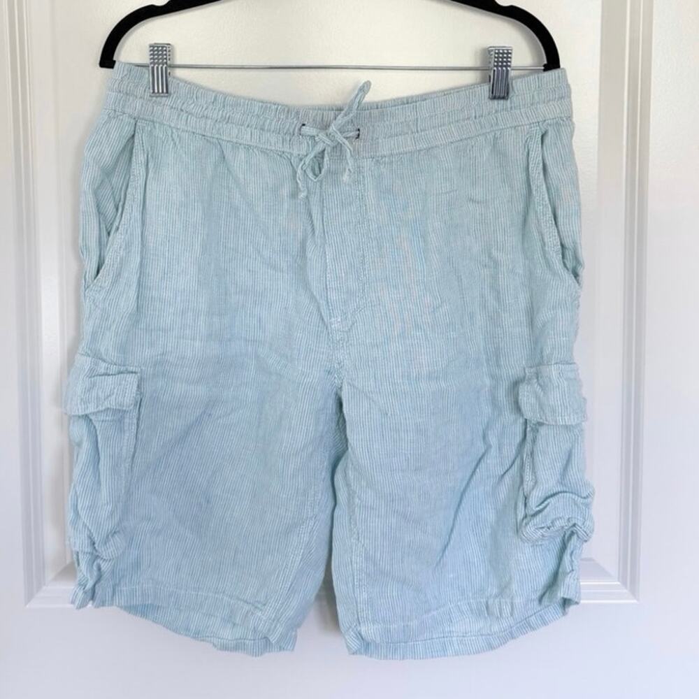 Onia Striped Linen Cargo Relaxed Shorts Blue White Large